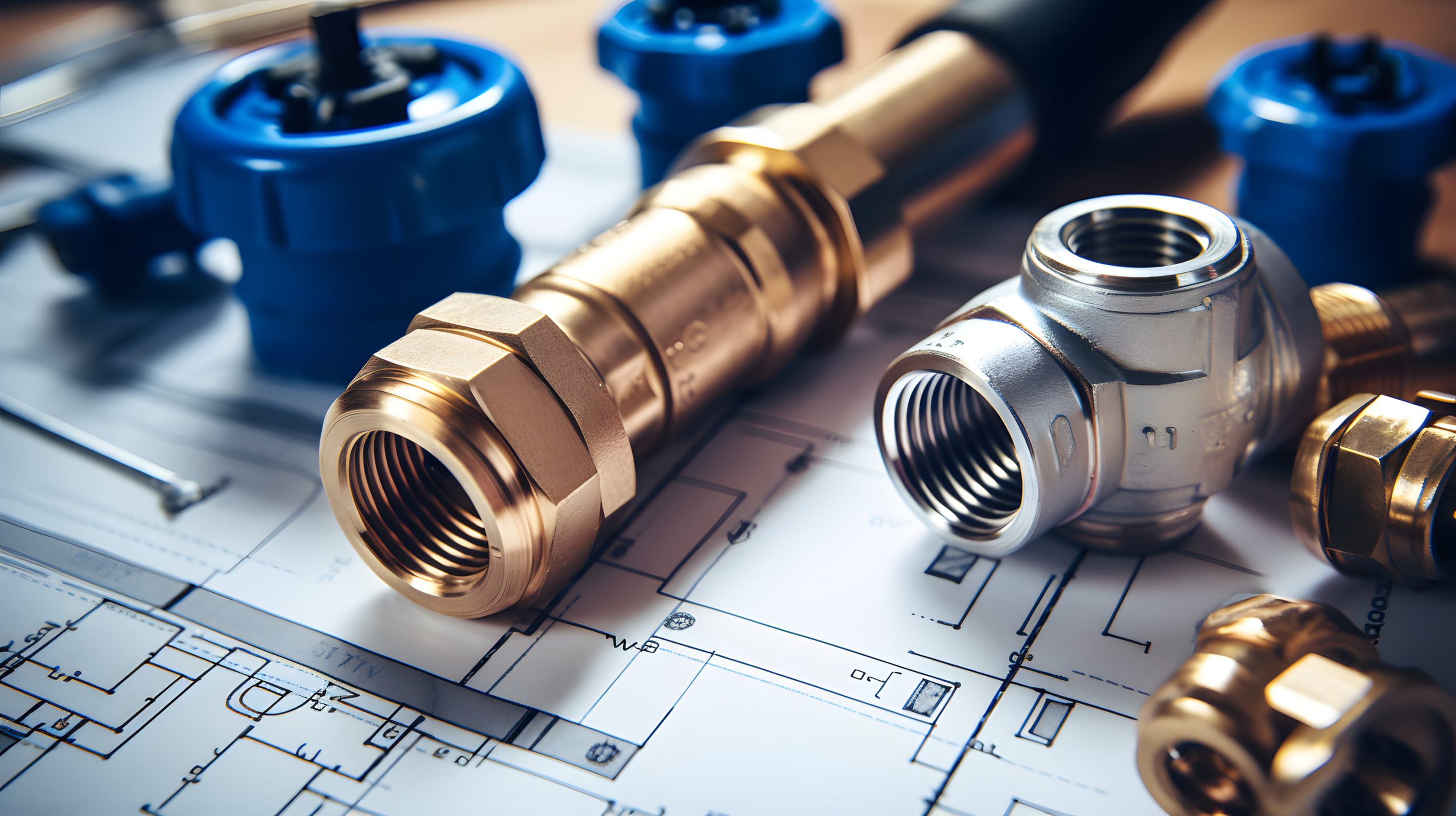 a selection of plumbing tools and fittings on domestic house plans
